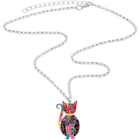 Floral Cat Necklace Enamel Kitten Pendant on Alloy Chain Jewelry for Cat Lovers - Picture 5 of 11